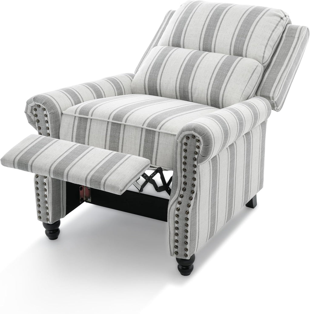 Pushback Recliner Chair, Comfy Fabric Wingback Recliner Chair, Upholstered Armchair Push Back Recliner with Wood Legs, Rivet Trim Single Sofa Accent Chair for Living Room, Bedroom, Gray Stripe