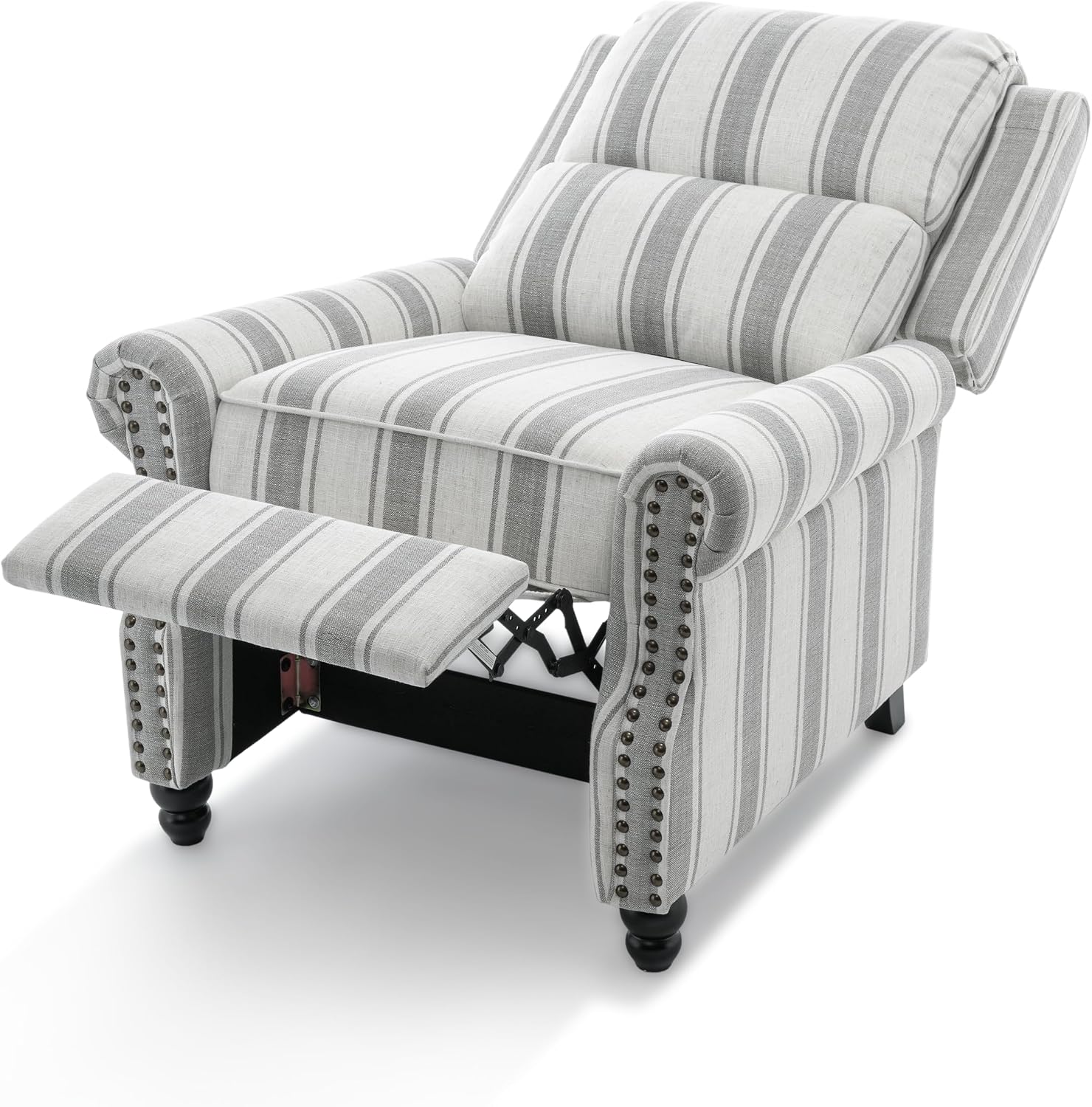 Pushback Recliner Chair, Comfy Fabric Wingback Recliner Chair, Upholstered Armchair Push Back Recliner with Wood Legs, Rivet Trim Single Sofa Accent Chair for Living Room, Bedroom, Gray Stripe