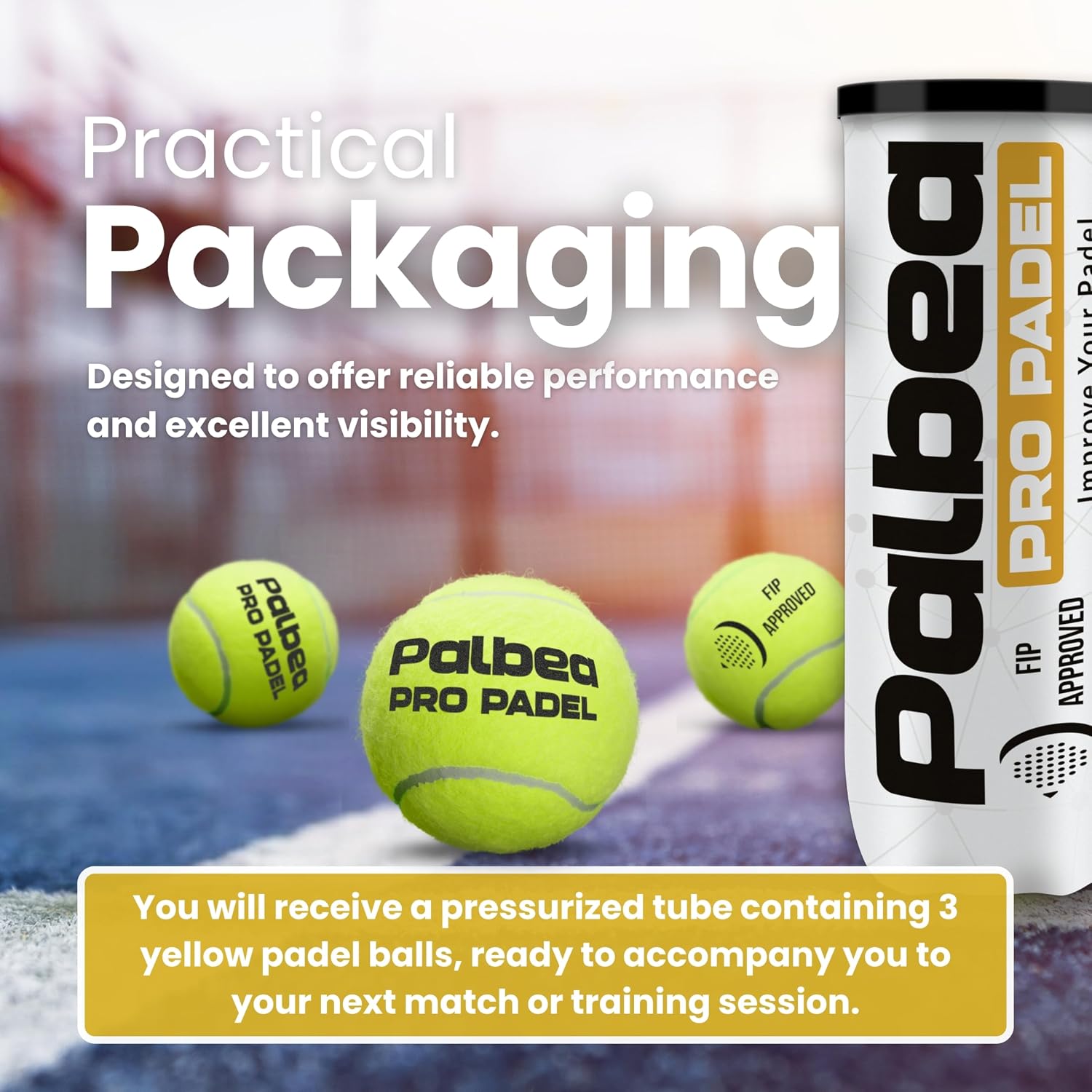 Palbea PRO Padel Balls. 6/12/24 Tubes of 3 Padel Tennis Balls FIP Approved | Paddle Balls made of HV Felt for Training and Tournament. Suitable for Any Surface or Sites.