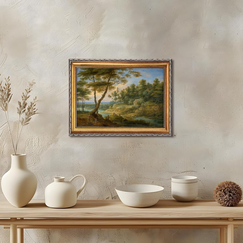 Framed Classical Forest Landscape Painting with Shepherds Canvas Wall Art Print European Countryside Poster Trees and Meadows Picture Vintage Farmhouse Scenic Artwork Decor for Home Office 24x36inch