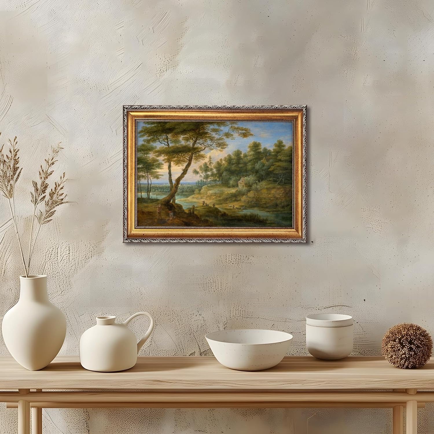 Framed Classical Forest Landscape Painting with Shepherds Canvas Wall Art Print European Countryside Poster Trees and Meadows Picture Vintage Farmhouse Scenic Artwork Decor for Home Office 24x36inch