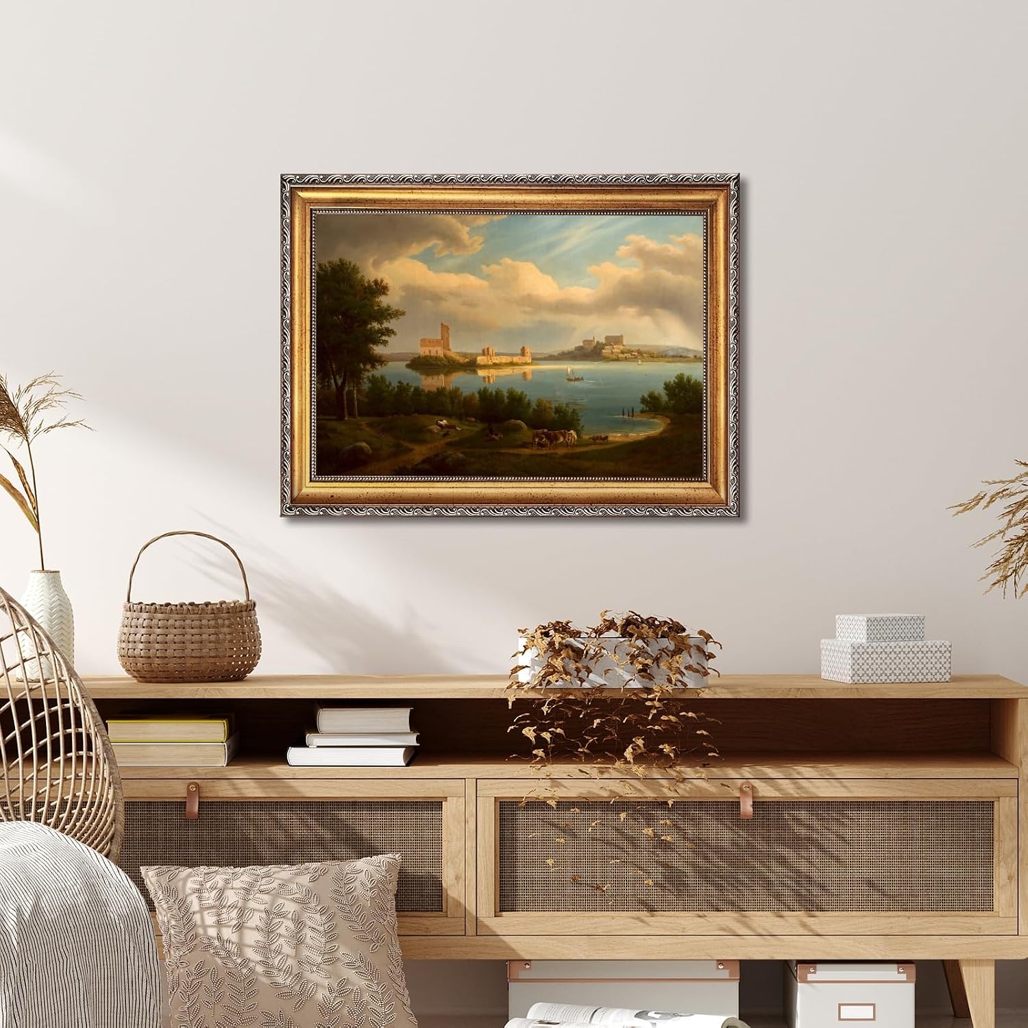 Large Framed Classical Coastal Castle Painting European Seaside Town Landscape Canvas Wall Art Print Harbor Fortress Poster Vintage Scenic Architecture Picture Decor for Living Room Office 24x36inch