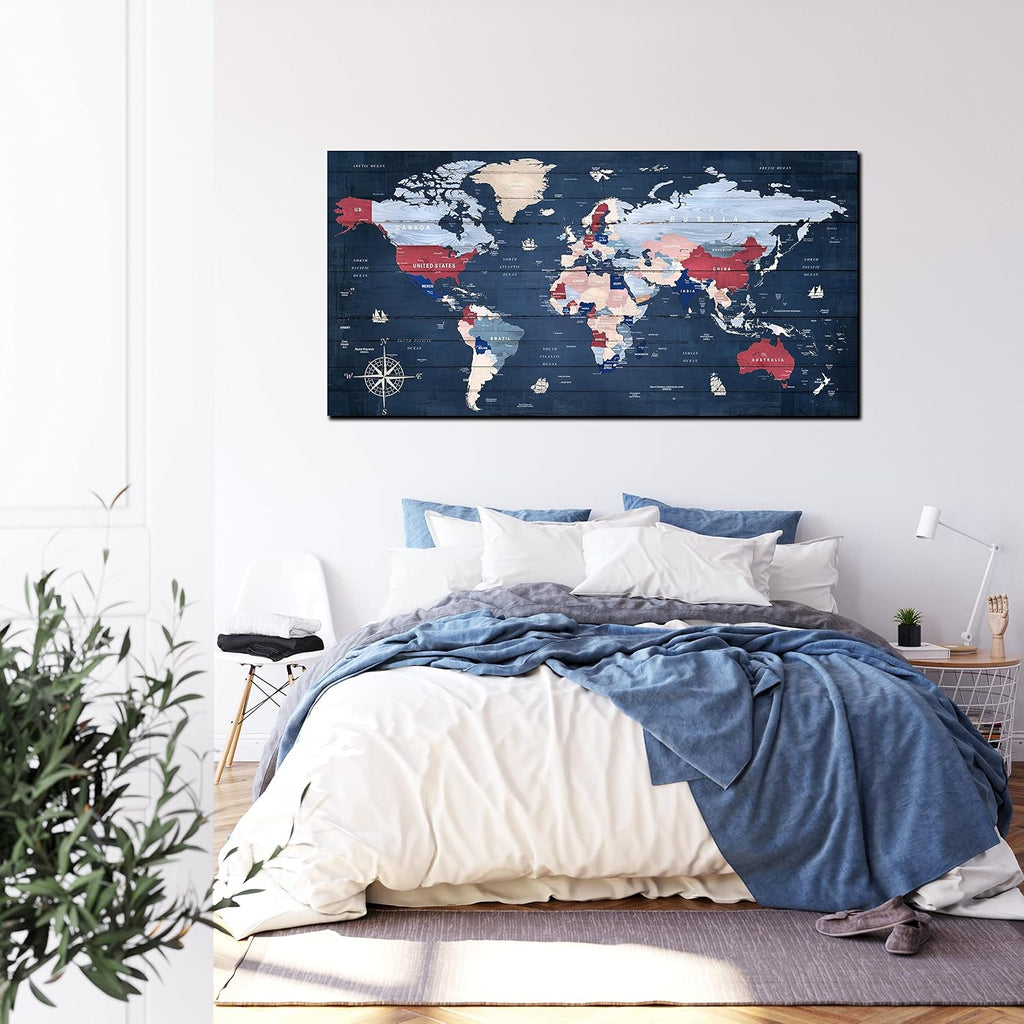 ZHAOSHOP World Maps for Wall - Blue Wall Decor for Living Room - World Map Canvas Wall Art Ready to Hang Size 59' x 29'
