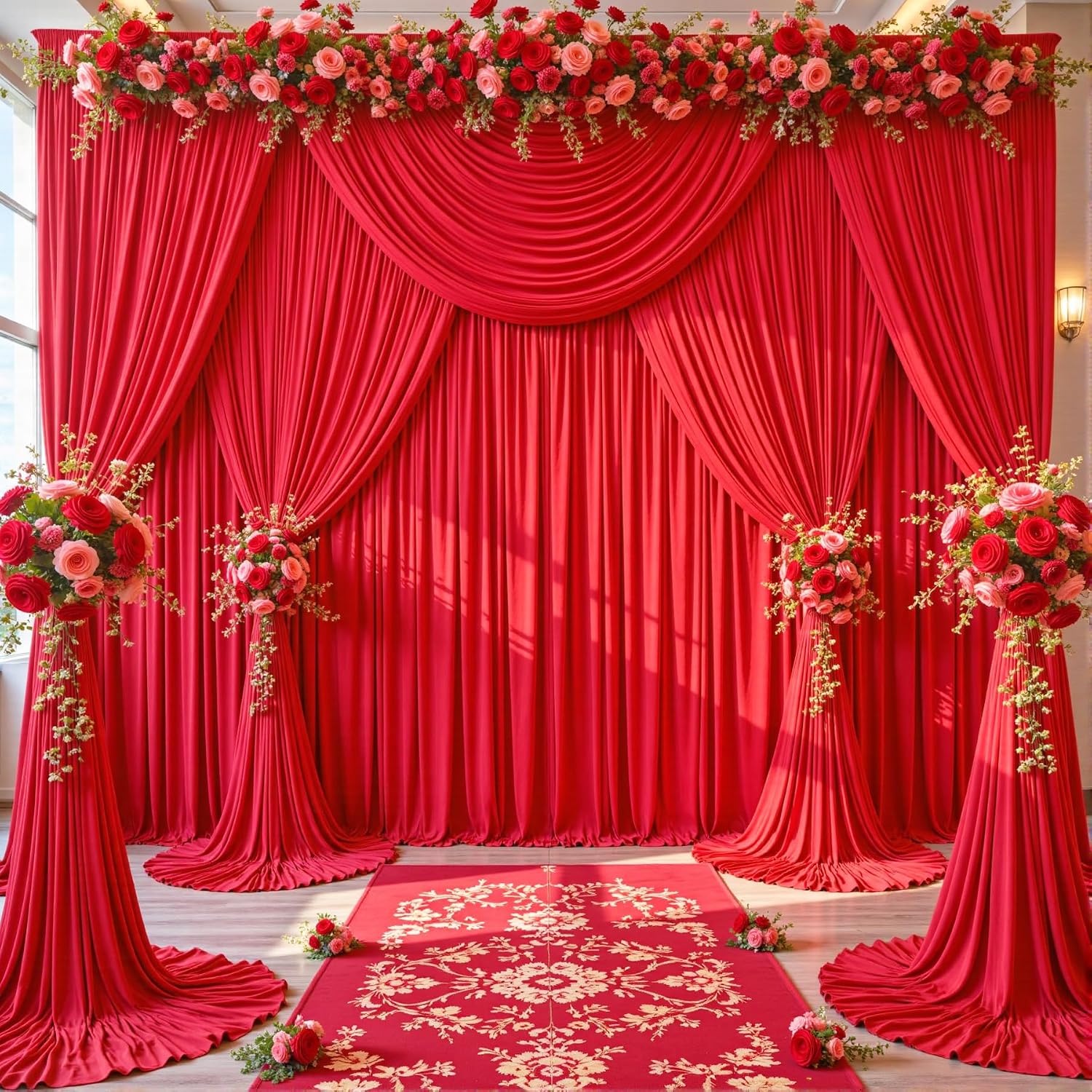 10 Panels Red Backdrop Curtains for Wedding Party Wrinkle Free Backdrops Curtain Drapes Fabric Decorations Photo Back Drop Cloth for Baby Shower Photography Stage Reception 50ft(W) x 12ft(H)