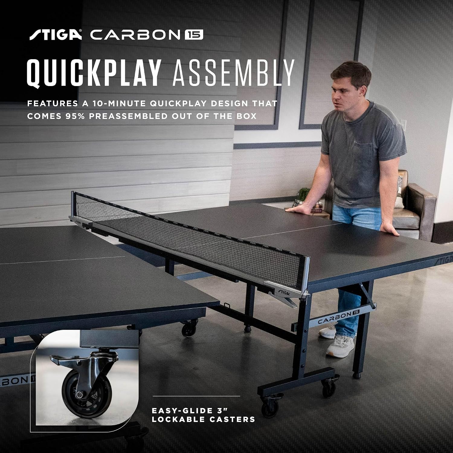 STIGA Carbon Series Indoor Table Tennis Table with 15mm - 18mm Performance Top, QuickPlay Assembly, Built-in Ball Storage, Foldable Playback Mode & Lockable Casters
