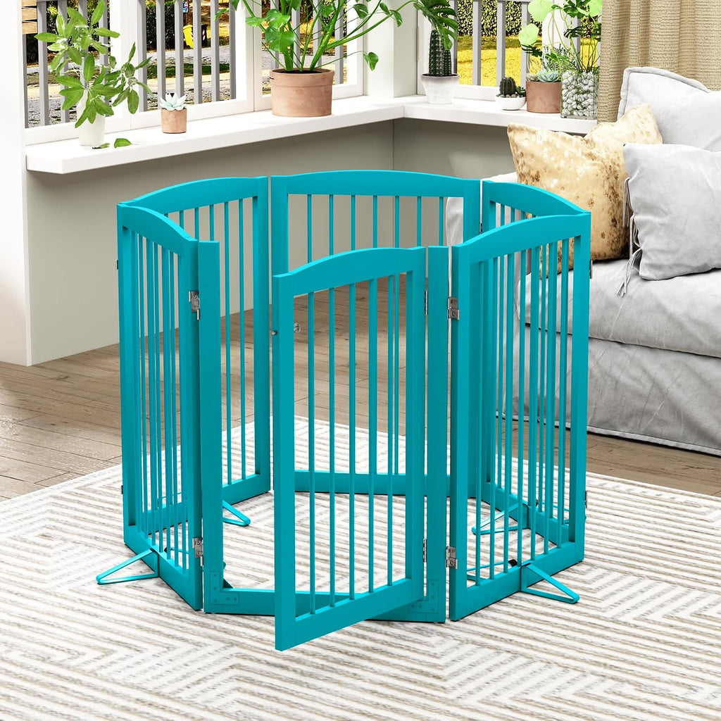 PUPETPO Freestanding Pet Gate with Door, Tall Dog Gate for House, Extra Wide, Pet Puppy Safety Fence, Support Feet Included, 120 Inch Wide, 6 Panels 32' Tall, Blue