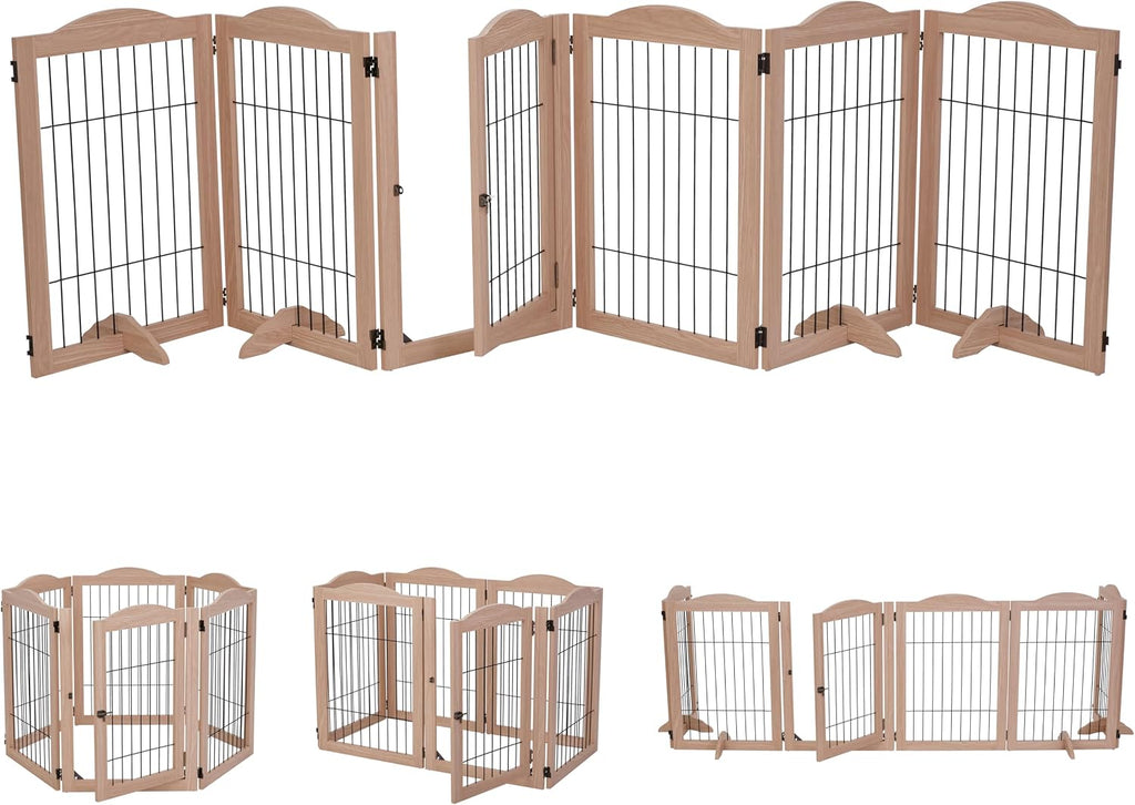 Arf Pets Freestanding Dog Gate with Door, 6 Panel 360° configurable Wooden Wire Fence, 132' Wide, 31.5' Tall, Foldable, Five Support Feet Included, for The House - Indoor Use