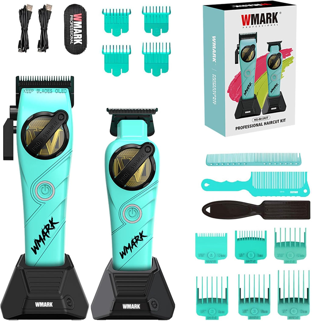 WMARK Professional 2-Piece Haircut Kit for Barber - High-Speed Clipper (7500/8500rpm) & Detail Trimmer (6500/7500rpm), Ceramic Blades, Rechargeable Lithium-Ion Batteries, NG-8613 KIT (Blue)