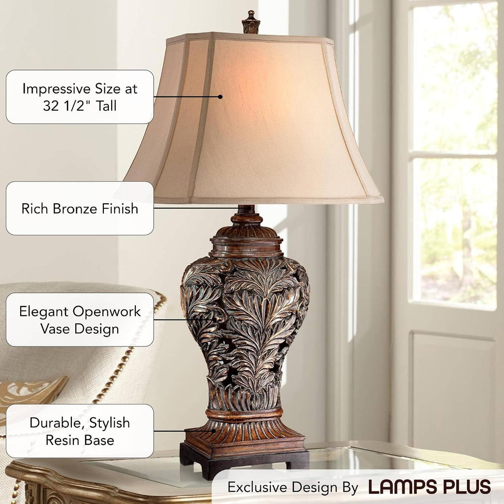 Barnes and Ivy Leafwork Traditional 3-Way Table Lamp 32 1/2' Tall with Dimmer and USB Charging Port Bronze Brown Tan Rectangular Shade for Bedroom Living Room Nightstand Bedside Night Stand Office