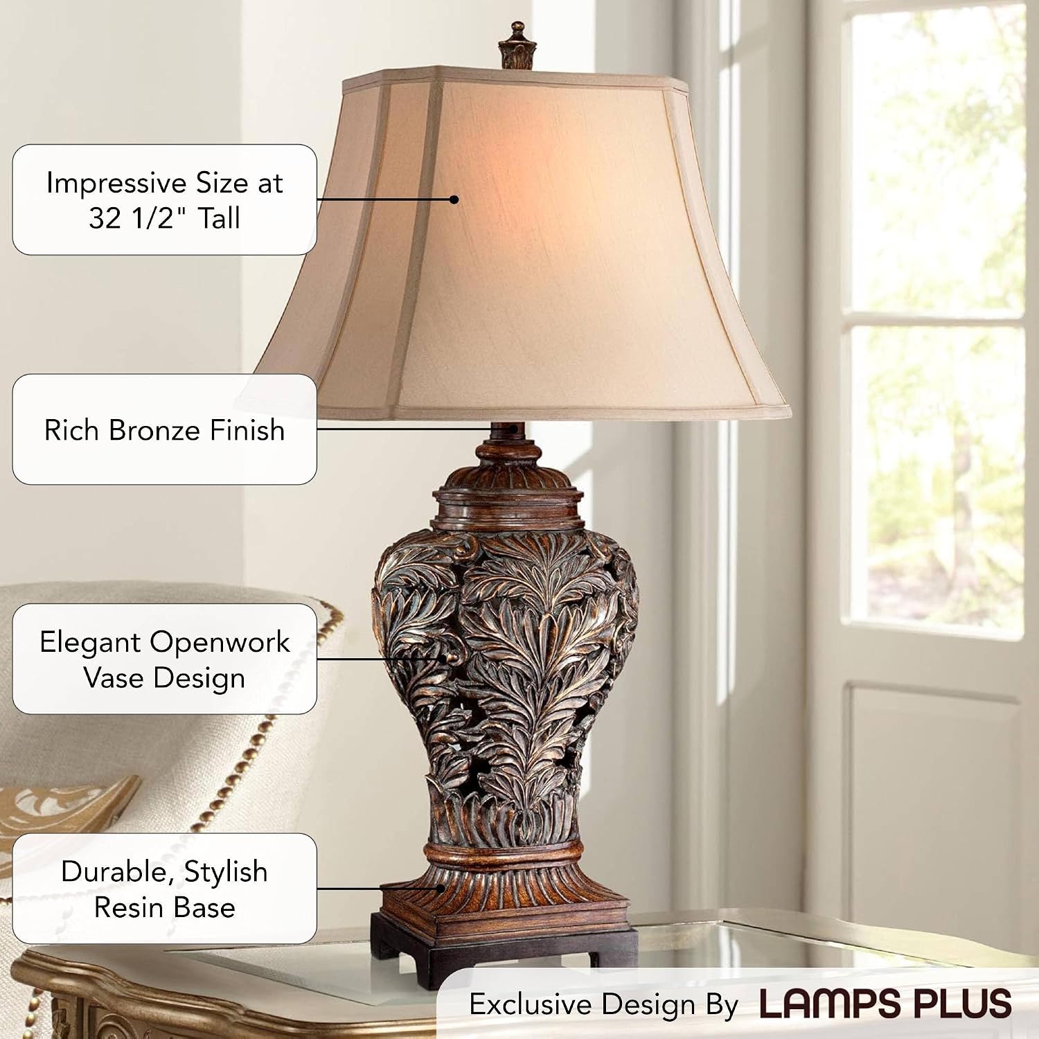 Barnes and Ivy Leafwork Traditional 3-Way Table Lamp 32 1/2' Tall with Dimmer and USB Charging Port Bronze Brown Tan Rectangular Shade for Bedroom Living Room Nightstand Bedside Night Stand Office