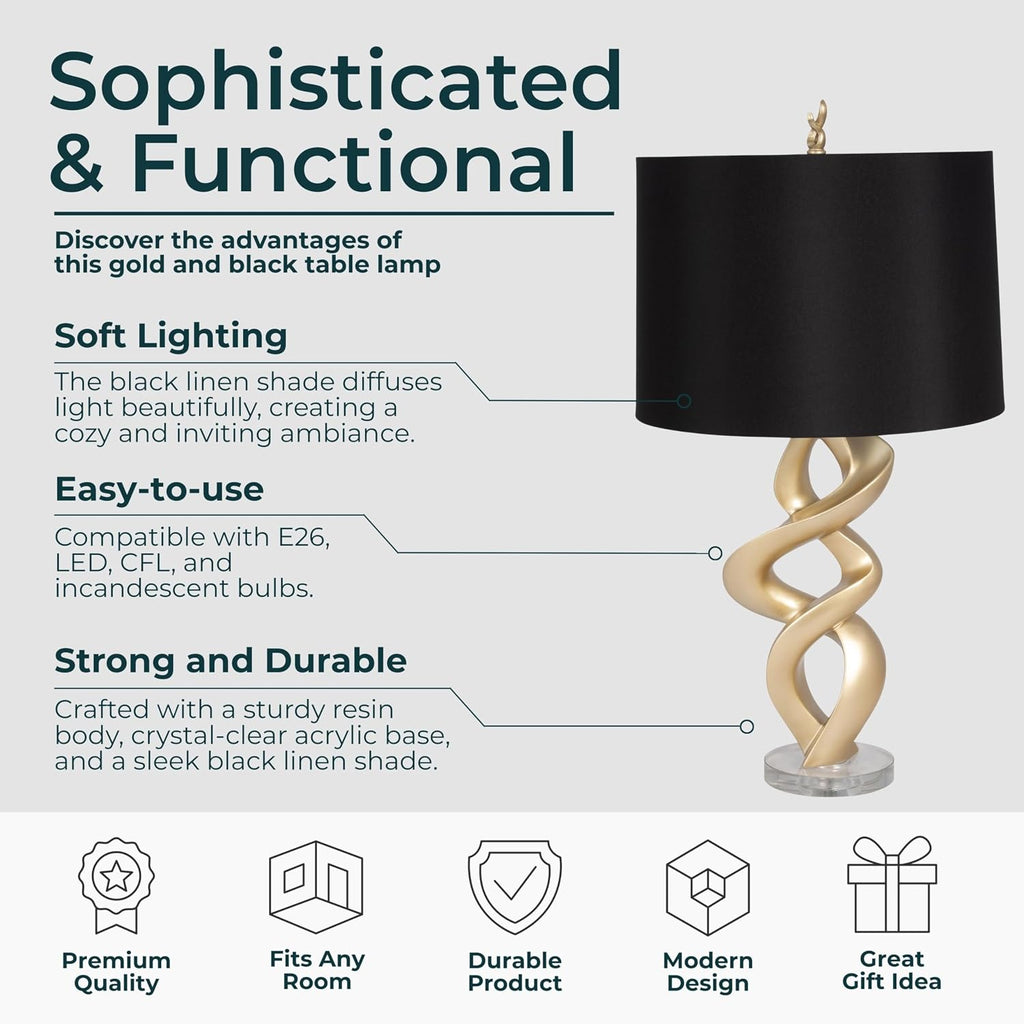 Sagebrook Home Modern Gold Table Lamp – Swirl Design, Black Linen Drum Shade, Resin & Crystal Base – Ideal for Bedroom, Living Room, Office, or Home Decor, 30 Inches