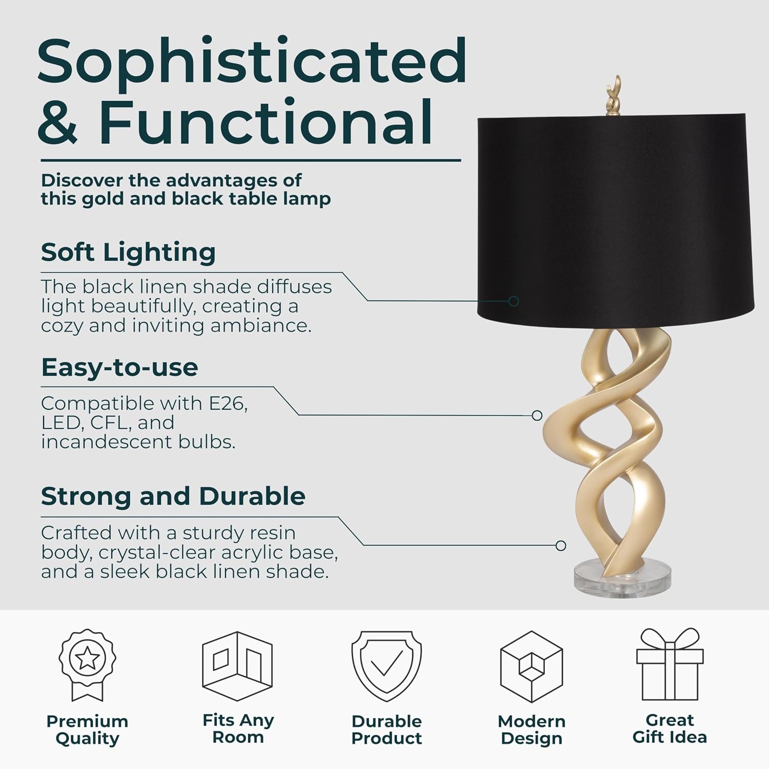 Sagebrook Home Modern Gold Table Lamp – Swirl Design, Black Linen Drum Shade, Resin & Crystal Base – Ideal for Bedroom, Living Room, Office, or Home Decor, 30 Inches