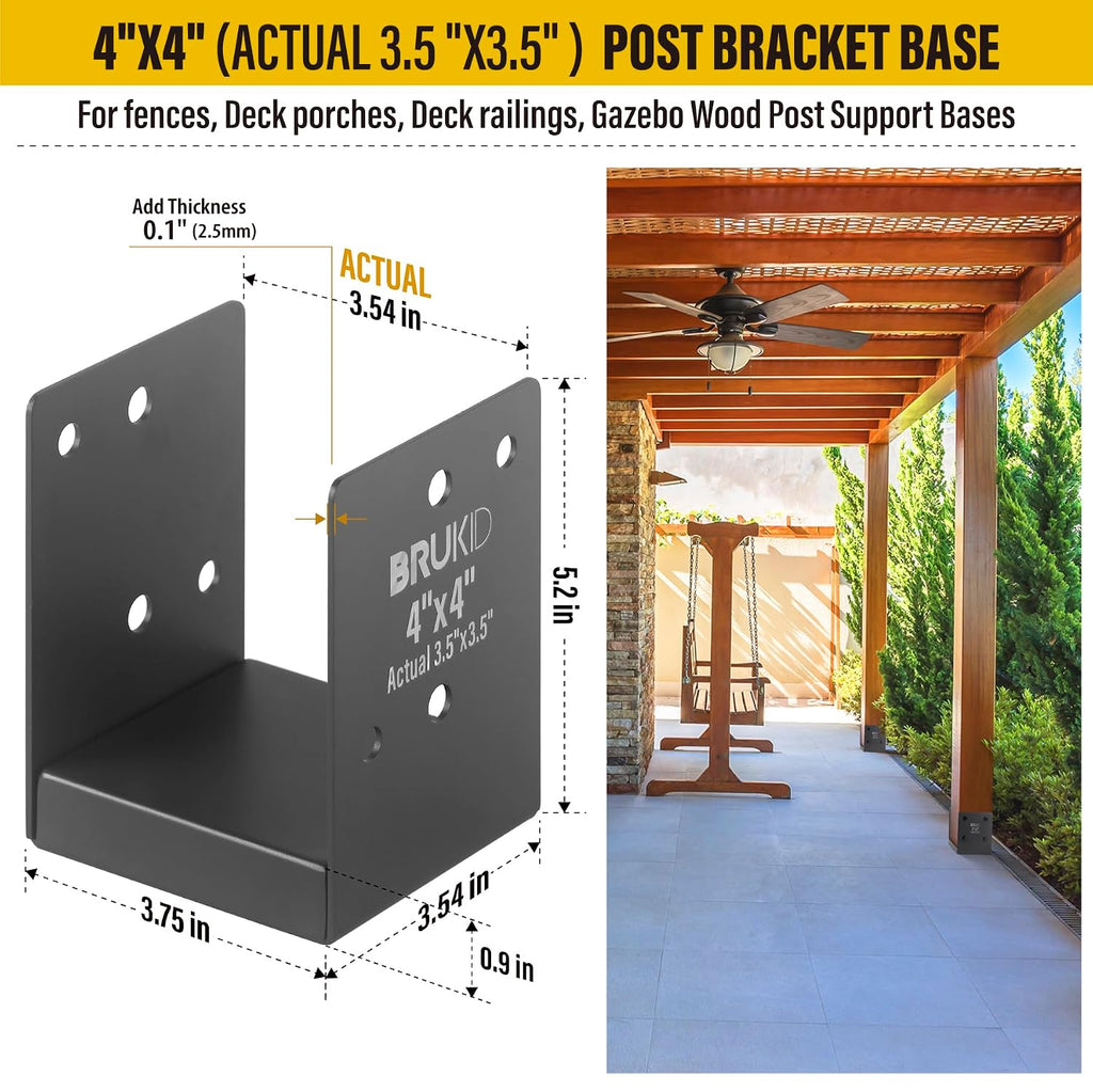 Stainless Steel 4 x 4 (Actual: 3.5' x 3.5') Deck Post Base, Post Anchor Bracket, Concrete Support Anchor Base for Deck Railing, Fences, Mailboxes (4pack- Dark Gray)
