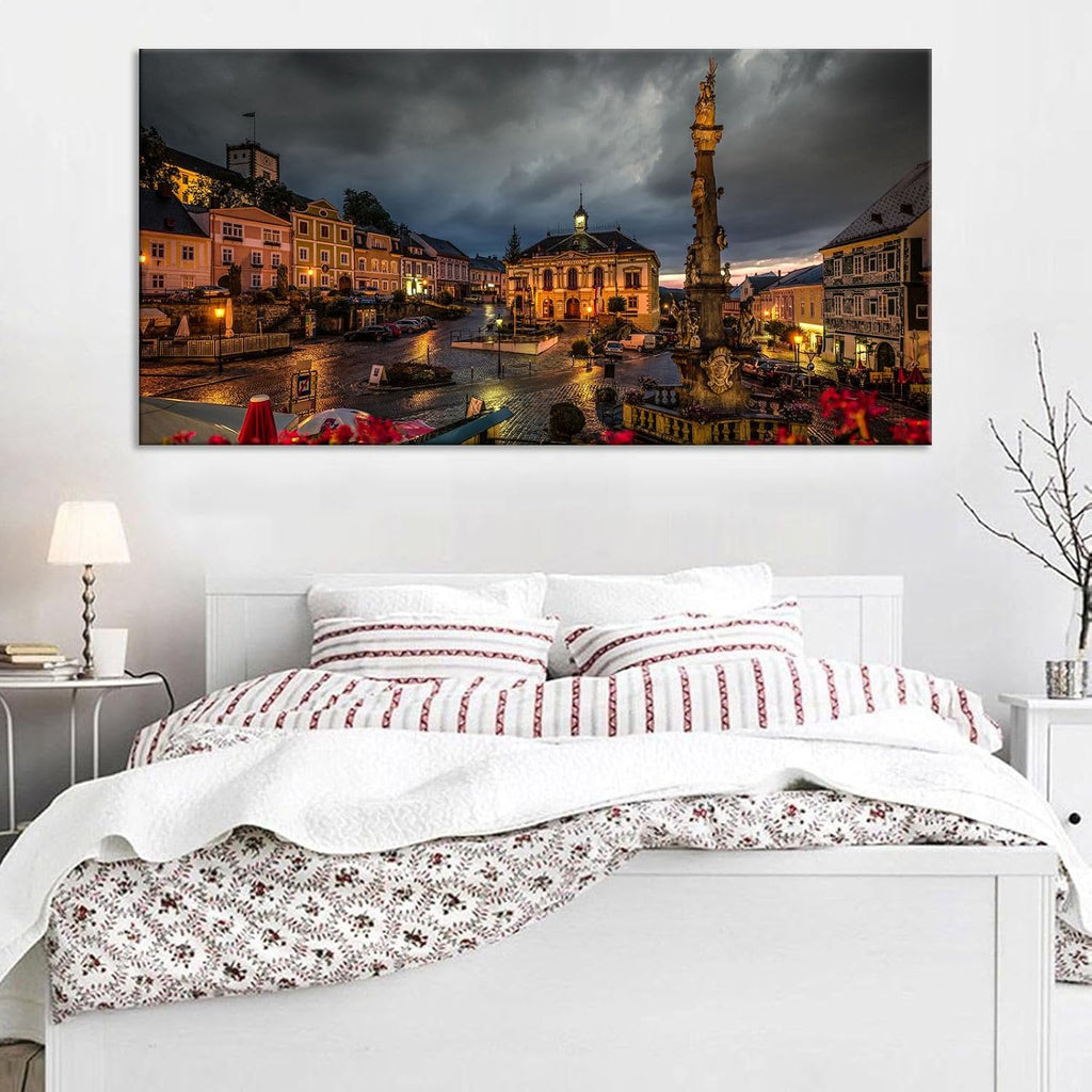 Large Romantic Central European Baroque Architecture Decor Cesky Krumlov Czech Republic Night View Poster Enchanted Historical Town Wall Art Teen Dorm Apartment Artwork 20x40inch Framed