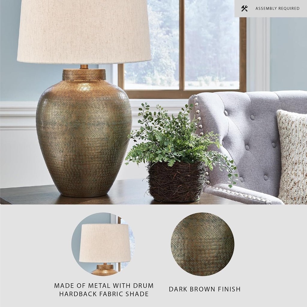Signature Design by Ashley Madney Contemporary Aluminum Table Lamp with 3-Way Switch, Metallic & Beige
