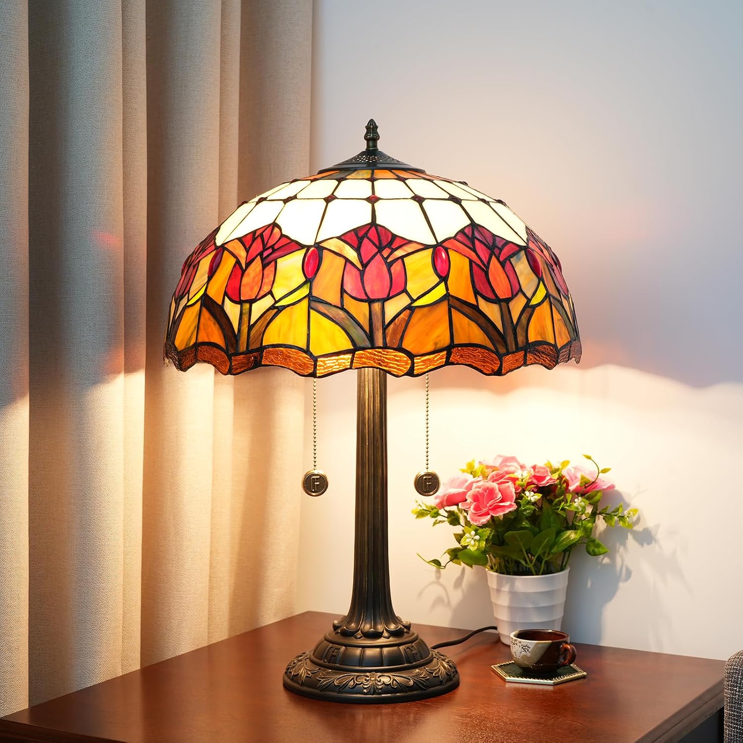 Red Tulip Tiffany Table Lamps for Bedside Bedroom Tiffany Style Stained Glass Nightstand Lamp 16X16X23 INCH Home Office Bedroom Decor Light