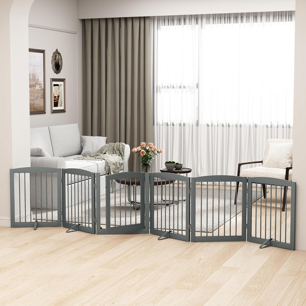 PUPETPO Freestanding Pet Gates with Walk Through Door, Dog Indoor Fence, Dog Gate for The House, Doorway, Stairs, Extra Wide Pet Gate, Support Feet Included, 120 Inch Wide, 6 Panels 24' Tall, Gray