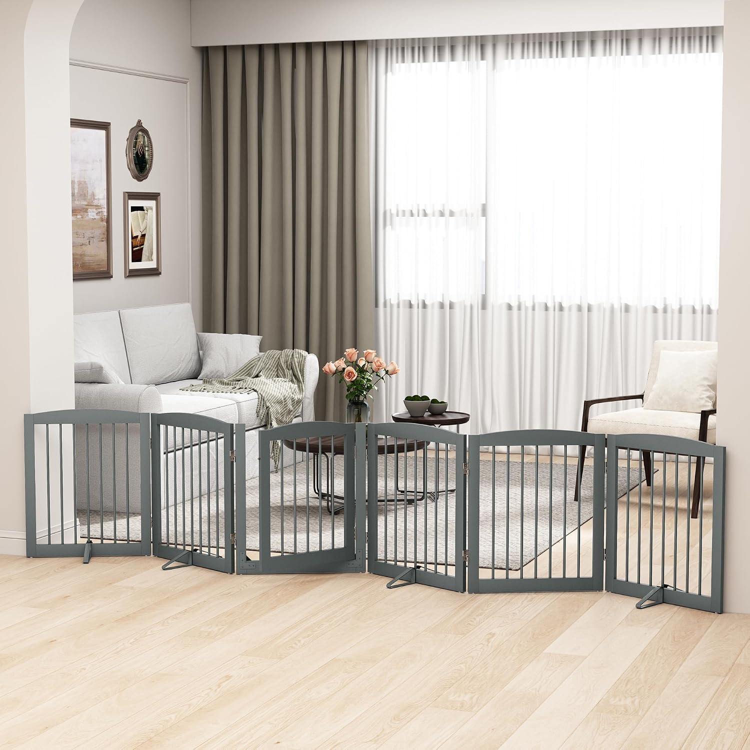 PUPETPO Freestanding Pet Gates with Walk Through Door, Dog Indoor Fence, Dog Gate for The House, Doorway, Stairs, Extra Wide Pet Gate, Support Feet Included, 120 Inch Wide, 6 Panels 24' Tall, Gray