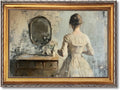 Large Framed Woman at Vanity Mirror Oil Painting Poster Vintage Victorian Female Canvas Wall Art Retro European Romantic Feminine Lady Artwork Print for Bedroom Dressing Room Decor 24x36inch