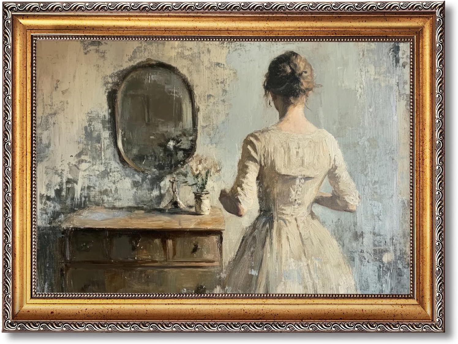 Large Framed Woman at Vanity Mirror Oil Painting Poster Vintage Victorian Female Canvas Wall Art Retro European Romantic Feminine Lady Artwork Print for Bedroom Dressing Room Decor 24x36inch