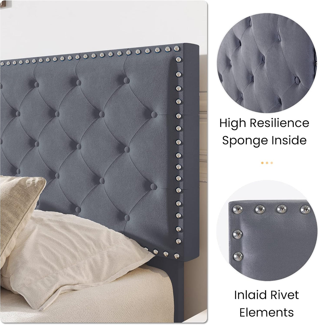 SHA CERLIN King Size Velvet Bed Frame with Adjustable Headboard, Diamond Button Tufted and Rivet Decor, No Box Spring Needed, Silver Grey