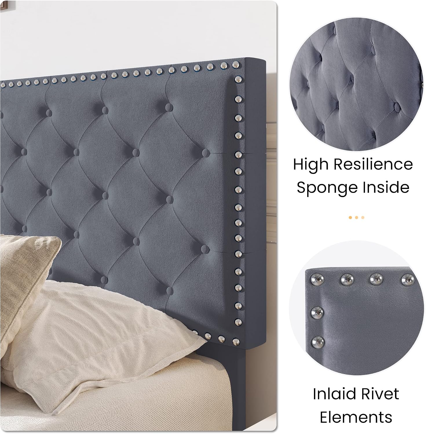 SHA CERLIN King Size Velvet Bed Frame with Adjustable Headboard, Diamond Button Tufted and Rivet Decor, No Box Spring Needed, Silver Grey