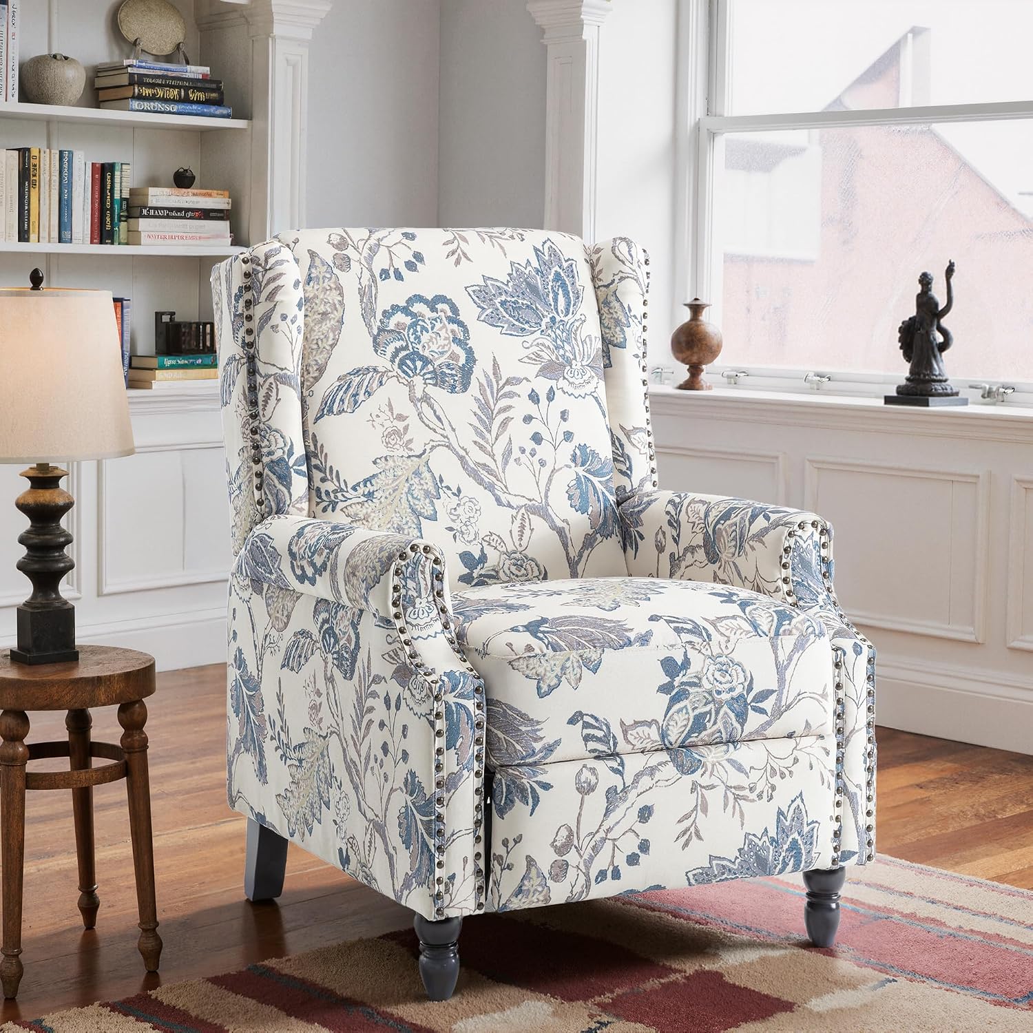 Set of 2 Floral Pushback Recliner Chairs, Fabric Upholstered Rivet Trim Accent Club Chairs for Living Room, Home Theater- Bule Plant
