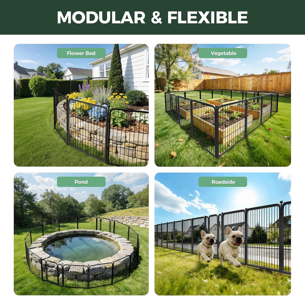 FXW Garden Fence Outdoor for the Yard – 24in(H) x 30.4ft(L) Heavy Duty Metal Animal Barrier for Dog, No Dig Decorative Dog Fence, 16 Panels, Black