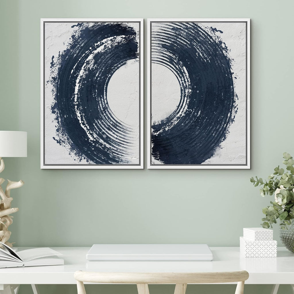 SIGNWIN Framed Canvas Print Wall Art Set Black Gray Pastel Paint Stroke Spiral Ring Abstract Shapes Illustrations Modern Minimal Decorative for Living Room, Bedroom, Office - 24'x36'x2 White