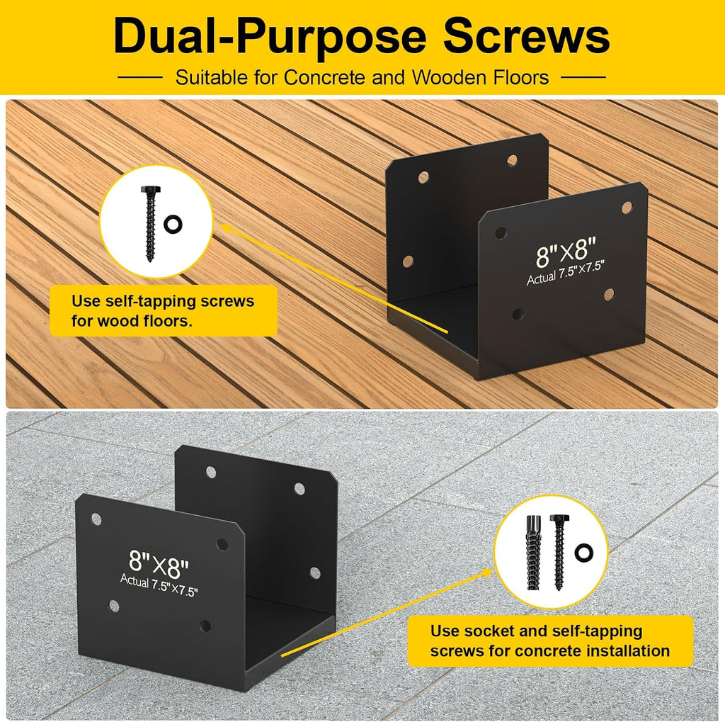 FMhotu 8x8 Stainless Steel Post Base,Internal 7.5 x 7.5 Anchor Bracket,Deck Concrete Support Anchor for Deck Railing, Fences, Mailboxes (2Pcs Black)