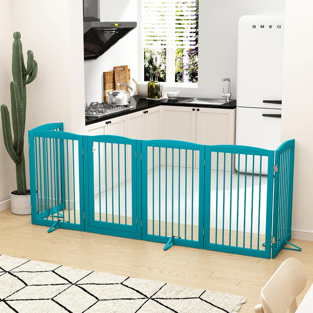 PUPETPO Freestanding Pet Gate with Door, Tall Dog Gate for House, Extra Wide, Pet Puppy Safety Fence, Support Feet Included, 120 Inch Wide, 6 Panels 32' Tall, Blue