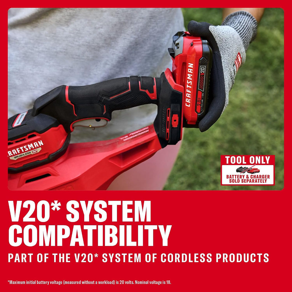 CRAFTSMAN V20 Brushless RP 22 in. Cordless Hedge Trimmer, Lightweight Bush Trimmer with Hedge Sweep Attachment, Up to 2X Power, Longer Runtime, Tool Only (CMCHT830B)