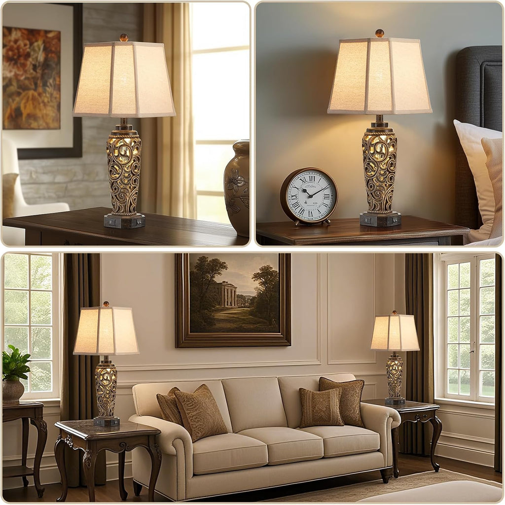 AIEAMPDO 27' Set of 2 Farmhouse Table Lamps for Living Room with USB A+C Ports, Vintage Nightstand Bedroom Lamp and Nightlight, Hollow Out Resin Desk Lamps, 2 Bulbs Include