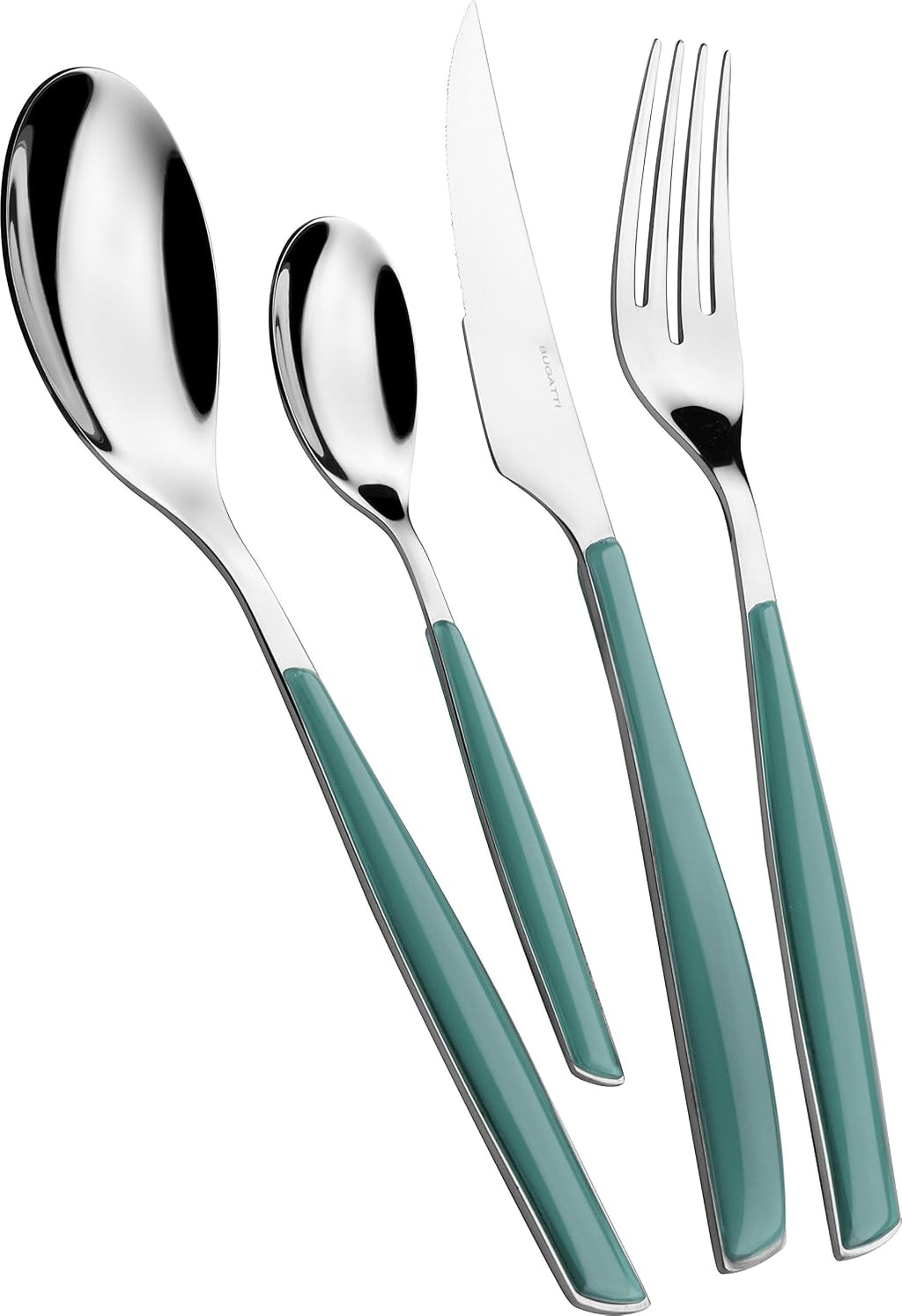 BUGATTI, Glamour 24 Piece 18/10 Stainless Steel Cutlery Set with Celadon Green Handle 6 Person Cutlery Set 6 Spoons 6 Forks 6 Knives 6 Teaspoons
