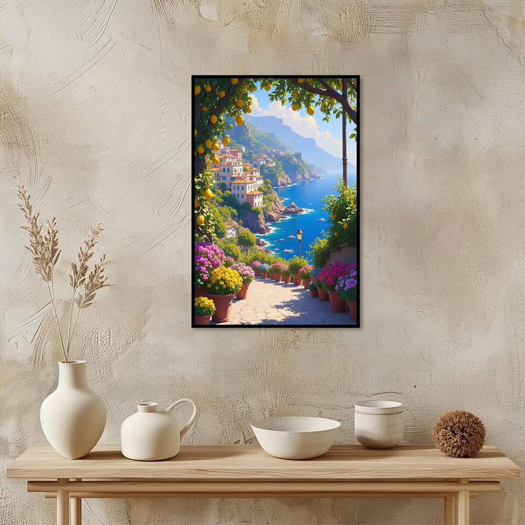 Italian Amalfi Coast Lemon Tree Garden Amalfi Coast Landscape | Metal Framed canvas, for event venues, mediterranean style, temporary venue decor, mediterranean theme styling