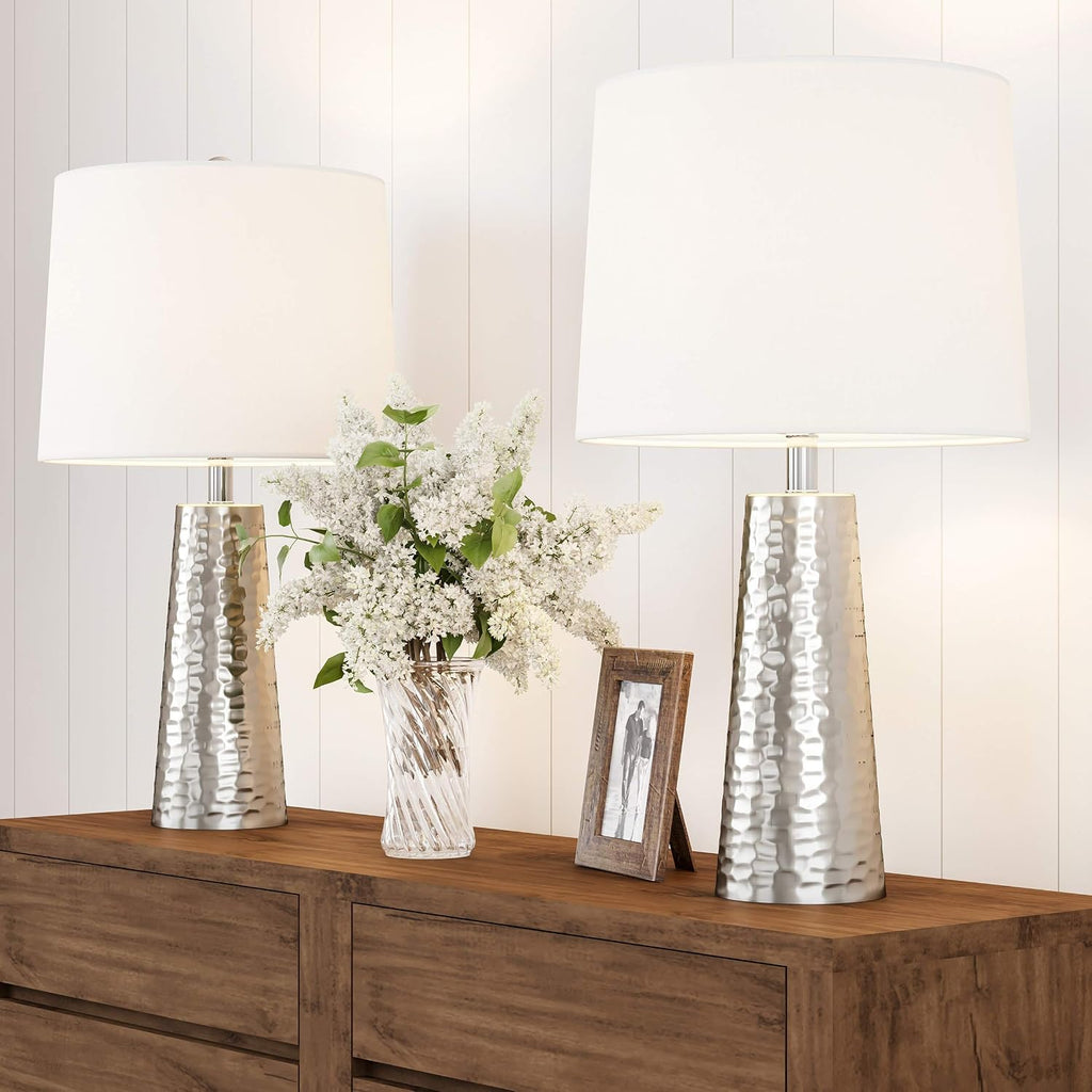 Table Lamps - Set of 2 Hammered Metal Lights with Flared Bases and Drum Shades for End Tables and Nightstands by Lavish Home (Brushed Silver)