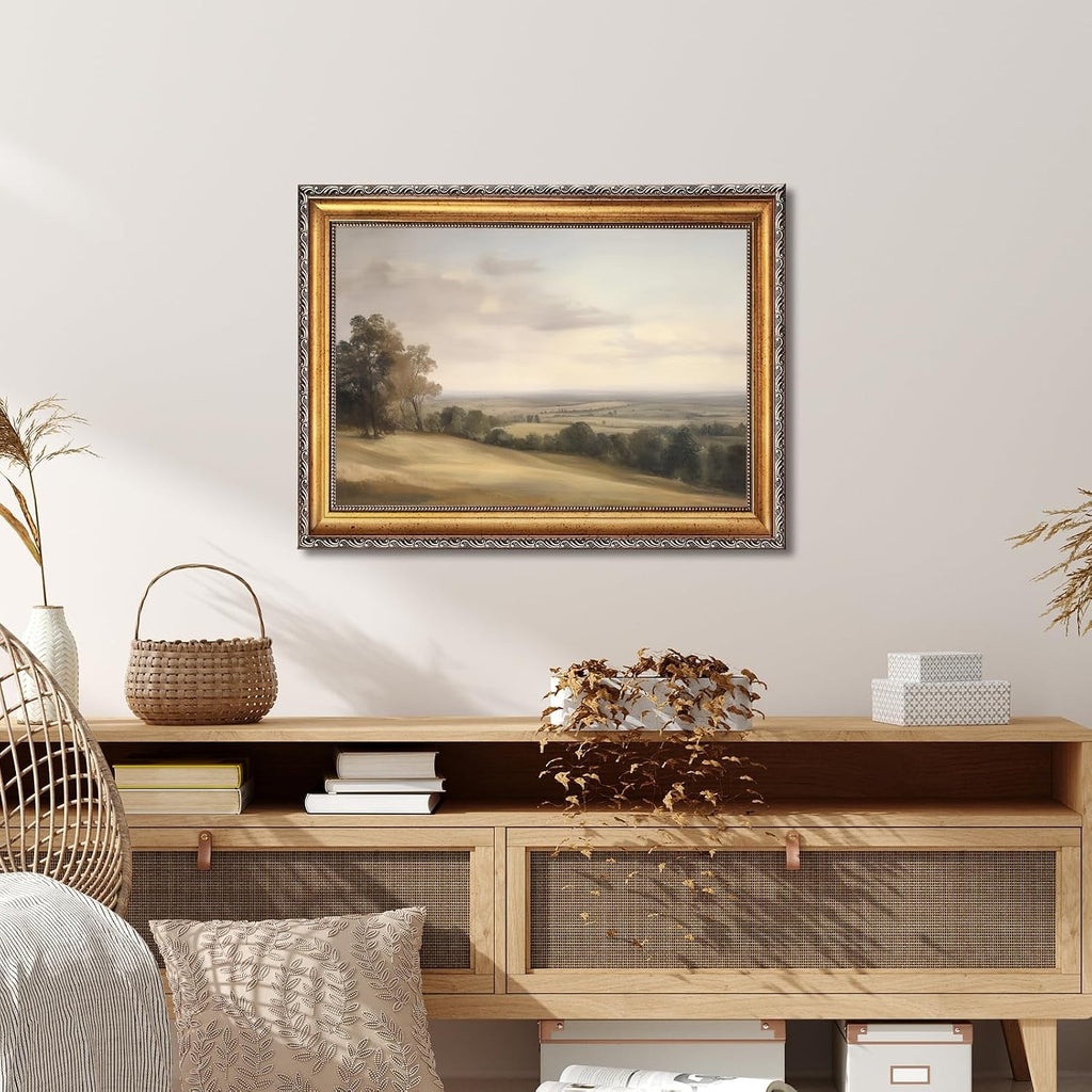 Large Gold Framed Classic European Pastoral Landscape Canvas Wall Art Vintage English Countryside Horizon Oil Painting Poster Retro Rolling Hills Artwork Prints for Rustic Farmhouse Decor 24x36inch