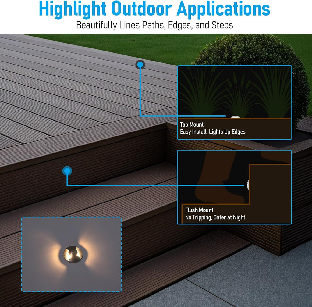 LEONLITE 24-Pack Low Voltage Recessed LED Deck Light, IP67 Waterproof, 12-24V AC/DC, Dual Beam 102° Butterfly Glow, 1W 3000K 1.3 Inch Mini Flush Mount, Stainless Steel for Pathway Step Deck Driveway