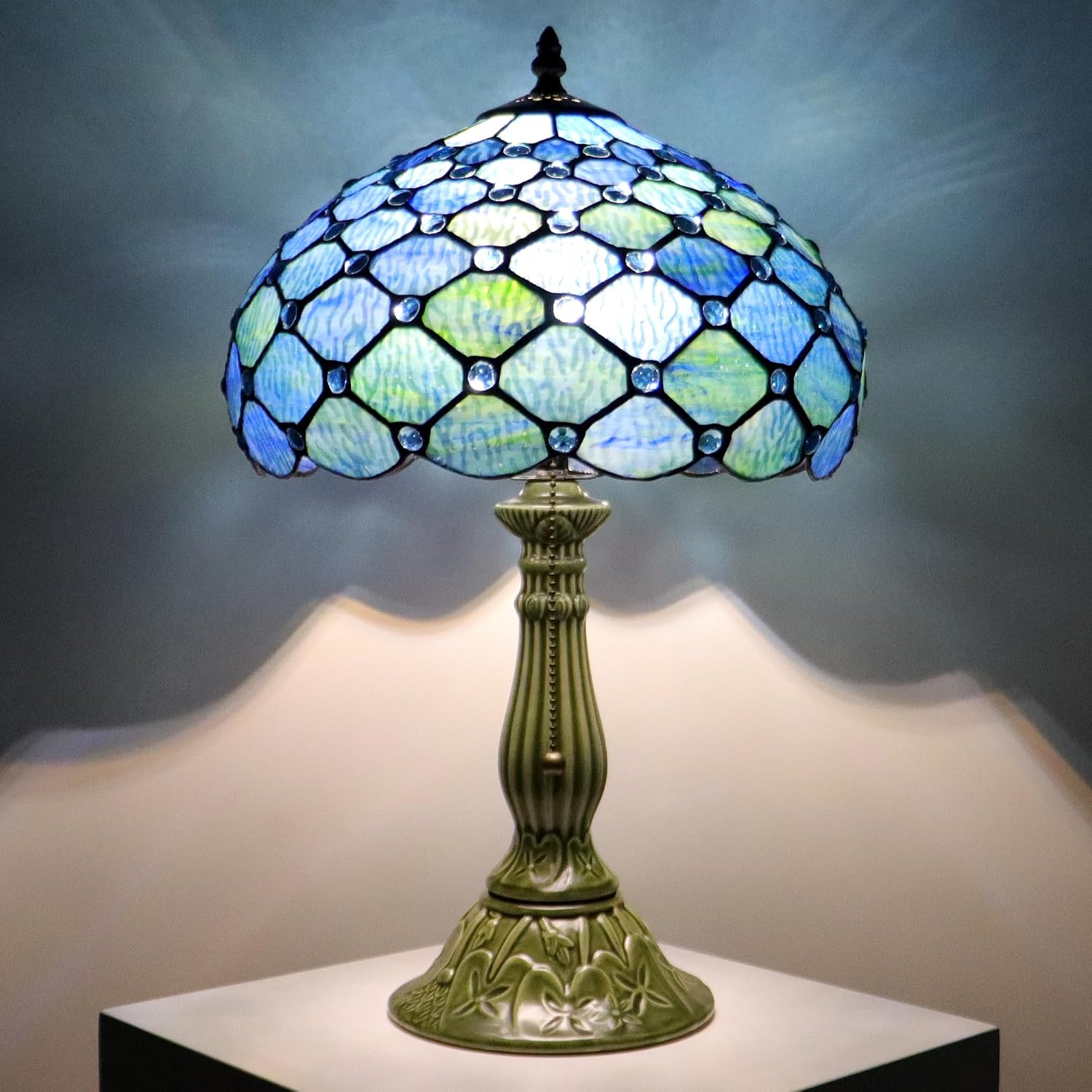 Tiffany Lamp Stained Glass Table Lamps Sea Blue Water Ripple Pearl Style Desk Lamp12X12X18.5 Inch Bronze Ceramic Base Reading Light Suitable for Bedside Bedroom Living Room Dining Room Office