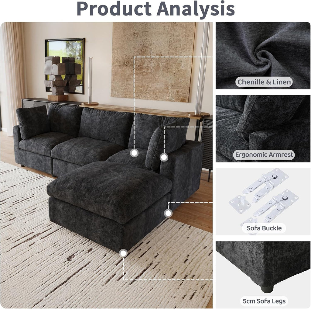 Cloud Couch Modular Sectional Sofa,100.5' U Shaped Couch, Oversized Convertible Wide Seater,3 Seater with 2 Ottomans for Living Room Set, Covers Washable&,Black