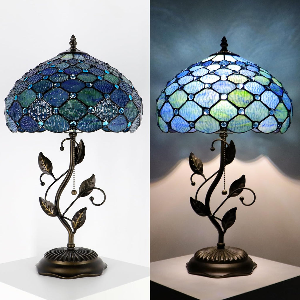 Tiffany Lamp Sea Blue Water Ripple Style Stained Glass Table Lamp Desk Bedside Reading Light 12X12X19 Inches with Metal Leaf Base