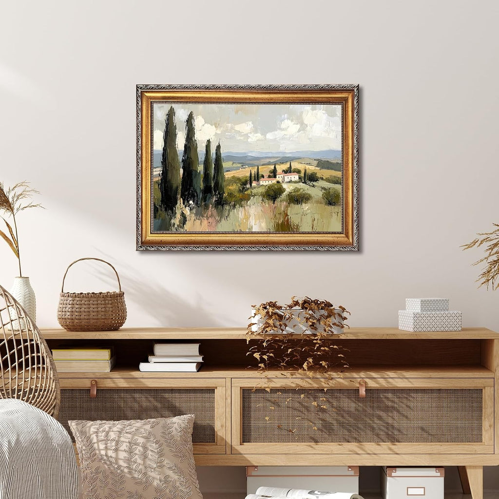 Large Framed Tuscan Cypress Countryside Oil Painting Poster Vintage Trees Rolling Hills Canvas Wall Art Italian Villa Landscape Artwork Print Retro Mediterranean Bedroom Home Decor 24x36inch