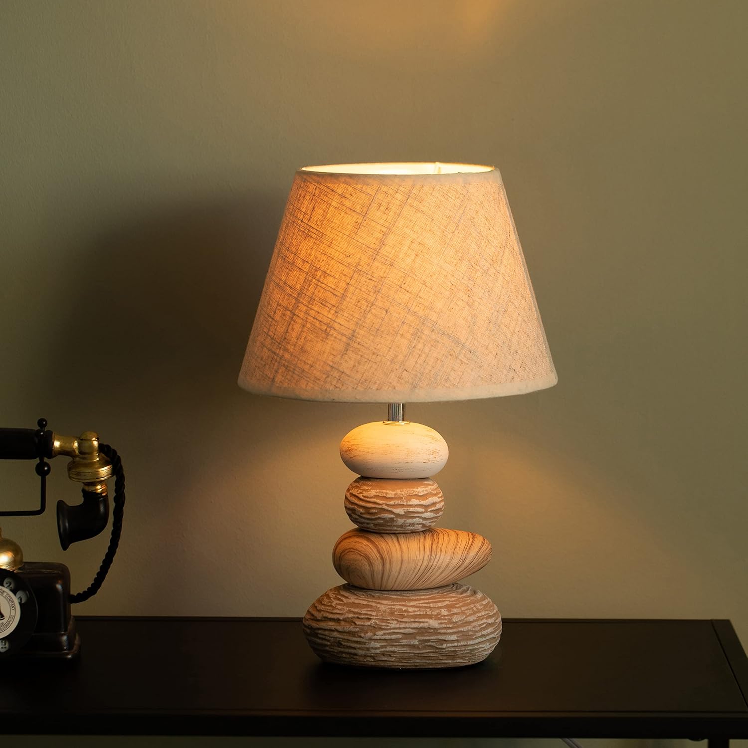 Quickway Imports Designer Table Lamps, Decorative Ceramic Table Lamp, with Beige, Brown, and White Stones and Beige Linen Lampshade, 14 inches Tall, Unique Lamp for Living Room or Bedroom