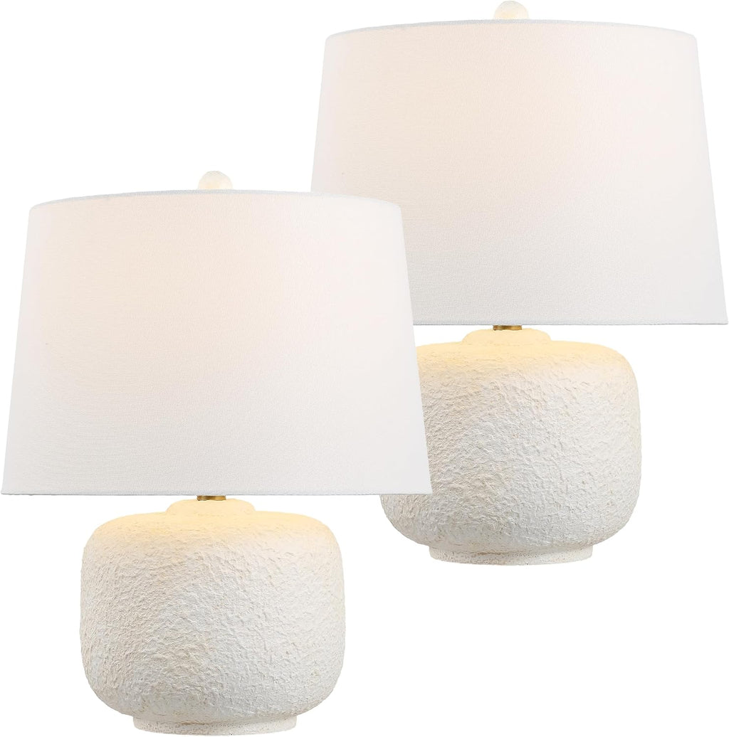 JONATHAN Y 20' Antique White Textured Resin Table Lamp Set of 2 for Bedroom, Coastal Farmhouse Nightstand Lamps for Living Room, White Linen Shade, LED Bulbs Included JYL9208A-SET2