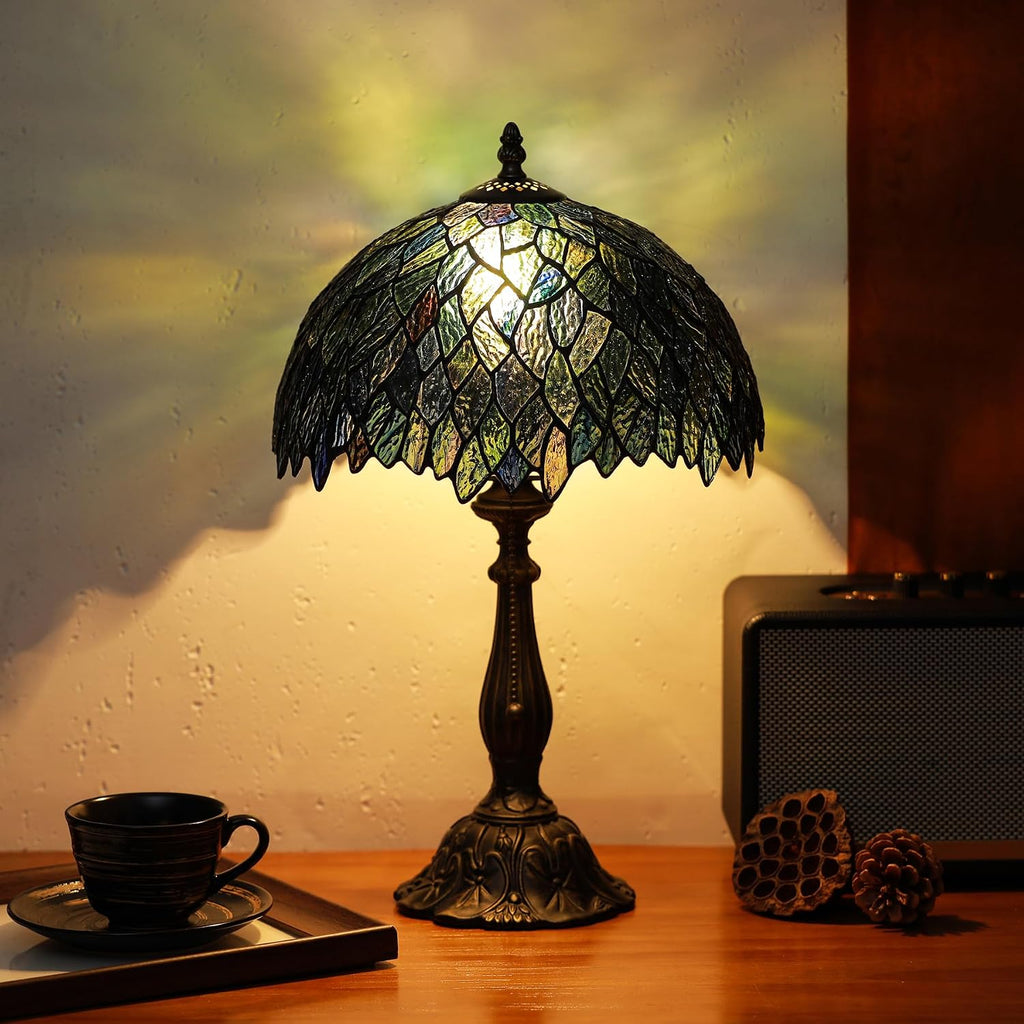 Tiffany Lamps Brownish Green Leaves Style Stained Glass Table Lamp Desk Bedside Reading Light 12X12X18.5 Inches with Bronze Resin Base Applicable to Bedroom Living Room Office