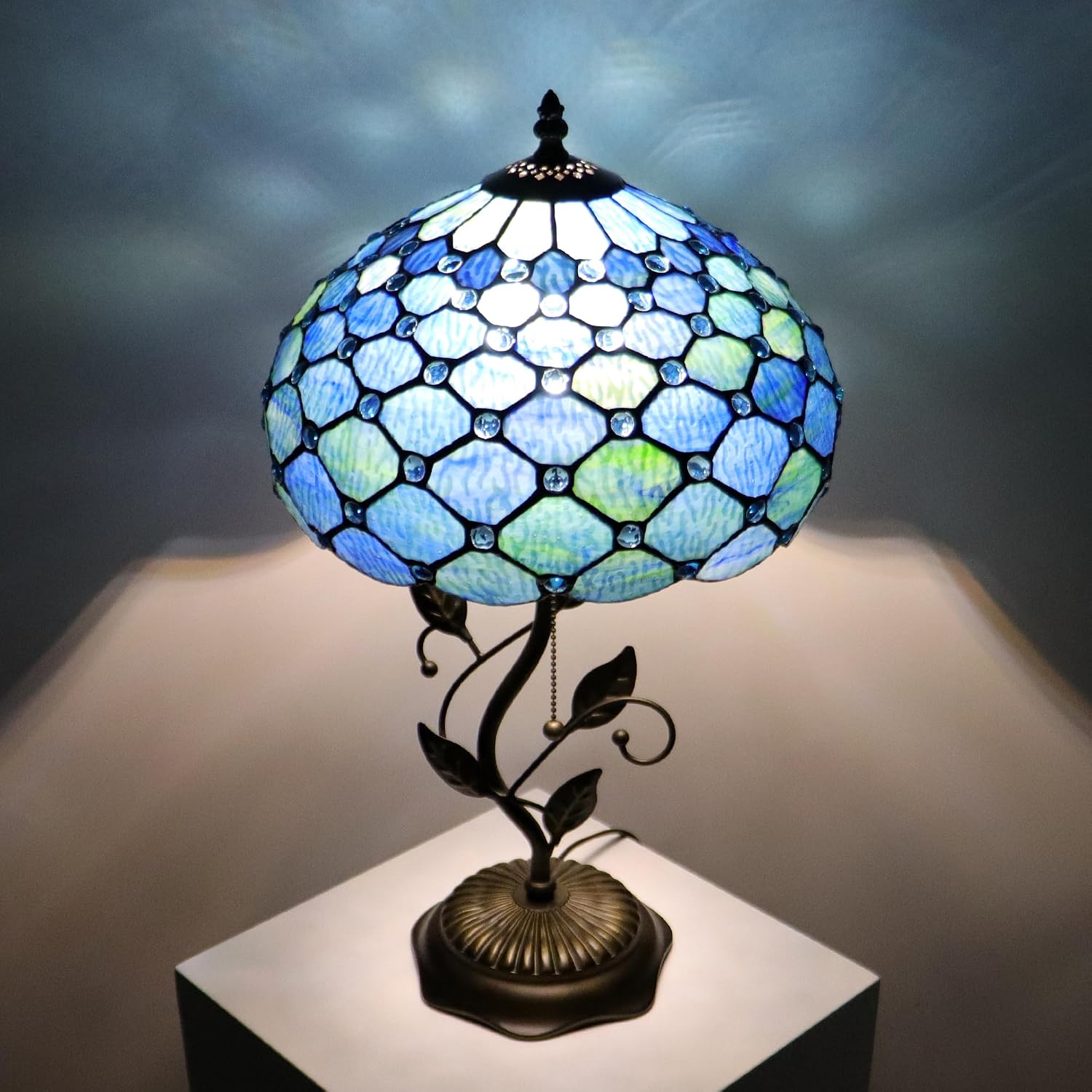 Tiffany Lamp Sea Blue Water Ripple Style Stained Glass Table Lamp Desk Bedside Reading Light 12X12X19 Inches with Metal Leaf Base