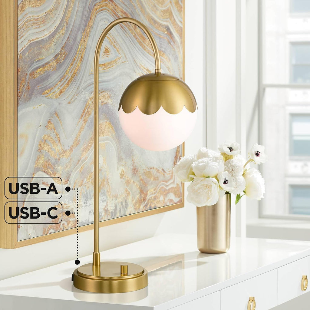 360 Lighting Kelowna 25' High Modern Desk Lamp with USB Charging Ports A+C and AC Power Outlet Gold Antique Brass Finish Metal White Globe Shade Home Office Living Room Bedroom