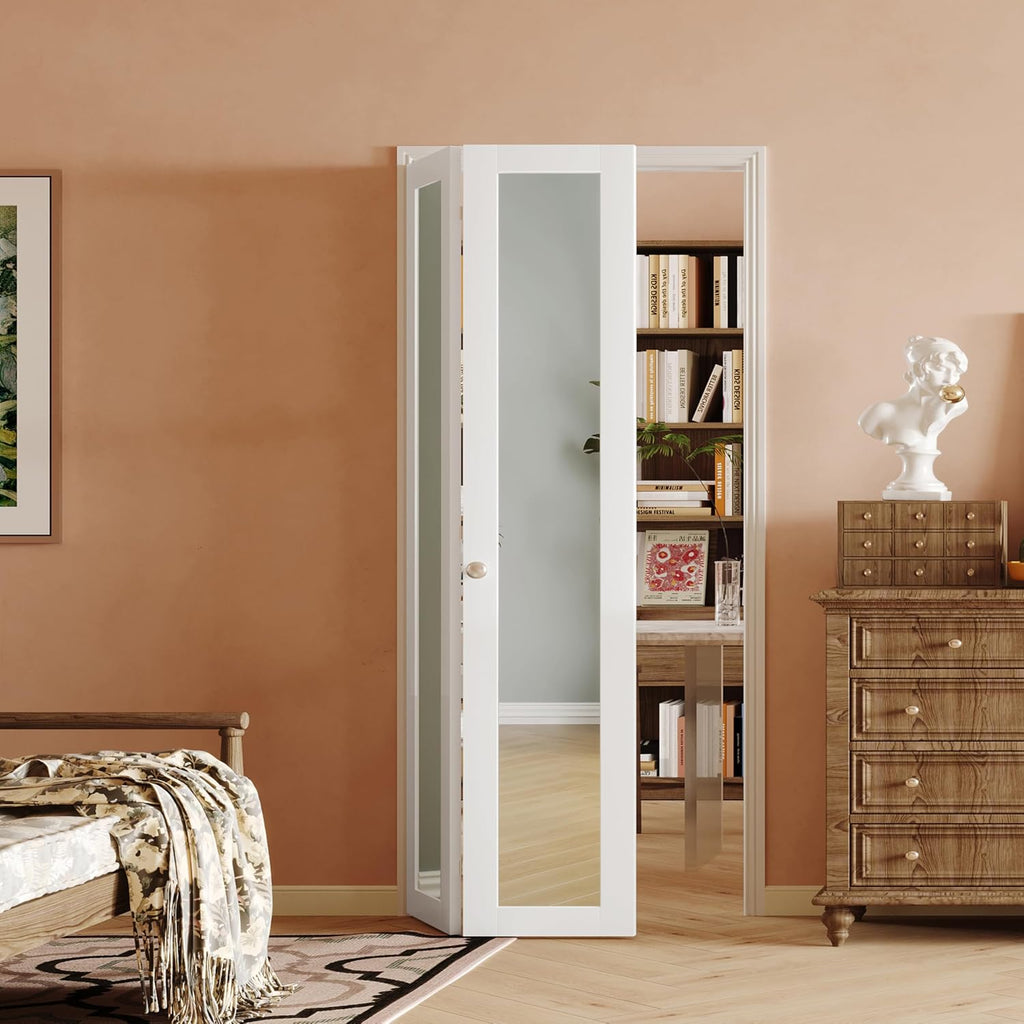 180 Degree Bifold Door, for 36″x 80″ Door Openings, White 1-Lite Mirrored Folding Door with Hinges Hardware Set, Full Access Bifold Closet Doors Perfect for Room Dividers