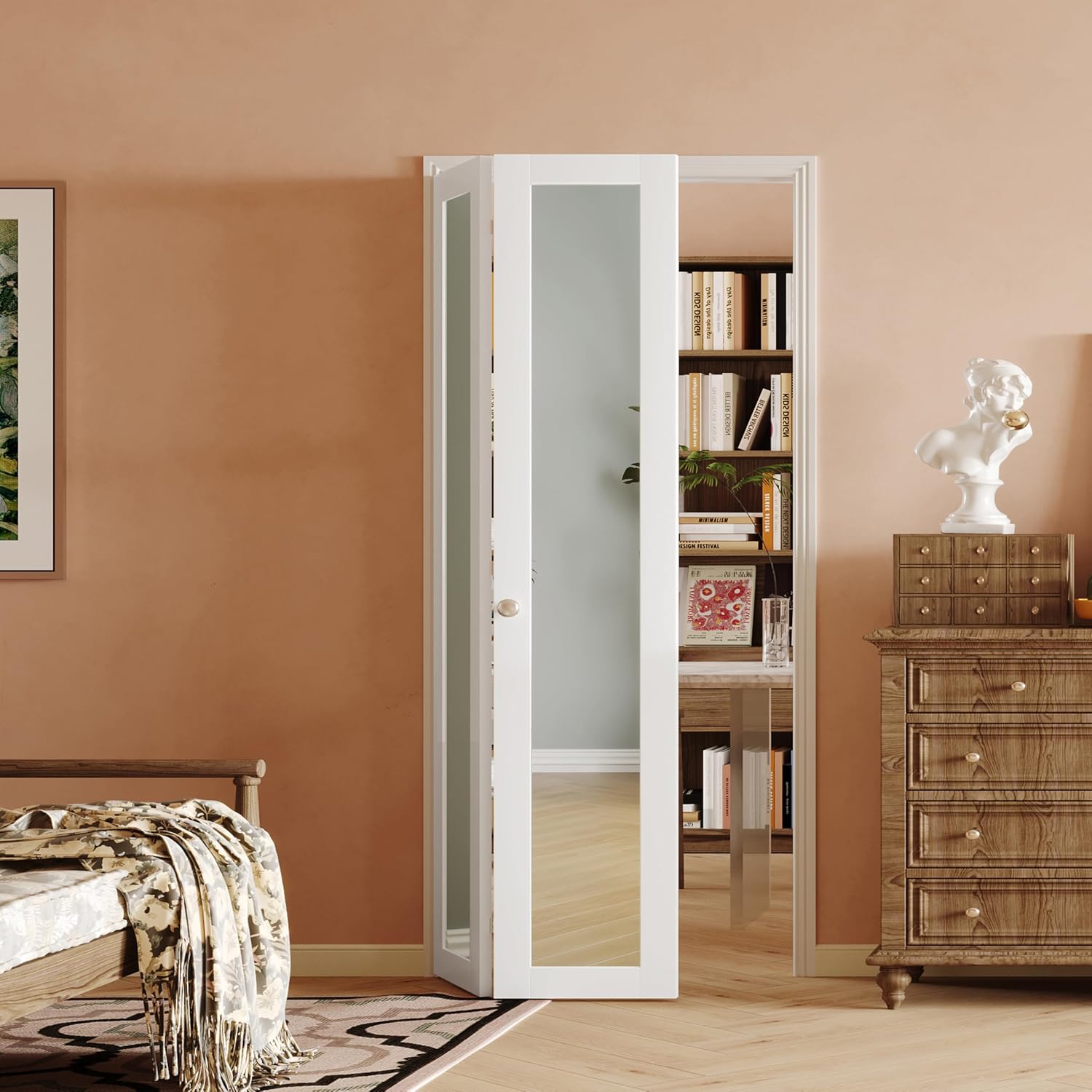 180 Degree Bifold Door, for 36″x 80″ Door Openings, White 1-Lite Mirrored Folding Door with Hinges Hardware Set, Full Access Bifold Closet Doors Perfect for Room Dividers