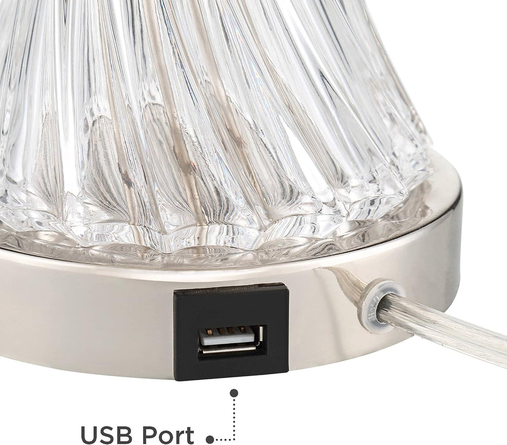 Regency Hill Luca Modern Table Lamps 25.5' High Set of 2 with USB Charging Port Glass Chrome Silver Metal White Fabric Drum Shade for Living Room Bedroom House Bedside Nightstand Home